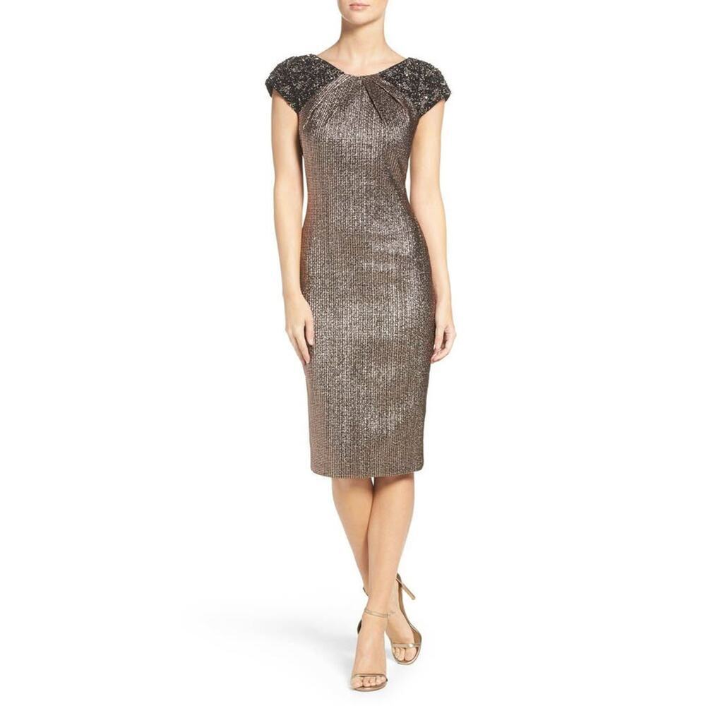 Badgley Mischka Sequin Cap-Sleeve Metallic Midi Dress - Bronze